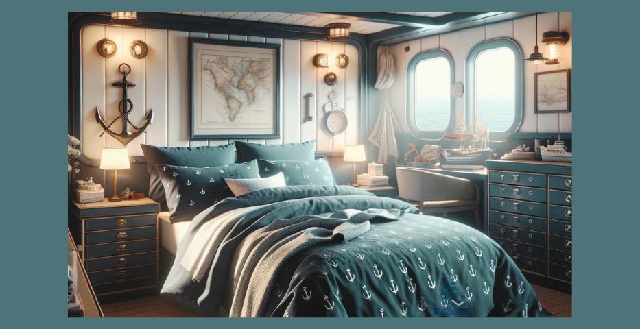A serene bedroom scene with Navy and Coast Guard-themed bed sheets on a bed, accompanied by maritime decor including a model ship, a framed sea map, and a view of the sea through a window in soft lighting.
